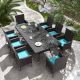 Halmuz 10-Piece Wicker Patio Outdoor Dining Set with Glass Tabletop, 1.5 in. Umbrella Hole and Blue Cushion 10p-Din-Blue