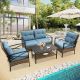 AUTMOON Patio Sofa Set, 4-Piece Outdoor Sectional Furniture All-Weather Rattan Wicker Patio Conversation Set, Blue W640S00033