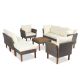 Tenleaf 9-Piece Wicker Patio Conversation Set with Acacia Wood Legs and Tabletop with Beige Washable Cushions Coffee Table FCBF13-13