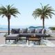 Zeus & Ruta 8-Piece Black Steel Patio Outdoor Conversation Set with Light Grey Cushions and 1 Glass Coffee Table W0521-SFGY
