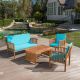 Zeus & Ruta 4-Piece Brown Acacia Wood Patio Conversation Set with Water Resistant Teal Cushions for Garden, Porch HWB-349