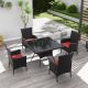 Halmuz 5-Piece Wicker Square Outdoor Dining Set with Glass Tabletop, 1.5 in. Umbrella Hole and Cushion Red 5ps-Din-Red