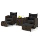 Costway Brown 5-Piece Metal Patio Conversation Set with 2 Ottomans and Tempered Glass Coffee Table and Cushion Black HCST02117