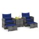 Costway Grey 5-Piece Metal Patio Conversation Set with 2 Ottomans and Tempered Glass Coffee Table and Cushion Navy HCST02119