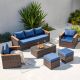 Runesay 6 Piece Wicker Outdoor Dining Set with Blue Cushion Exclusive Quick Install Patio Sectional Sofa Conversation Sets LLS0n1