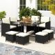 ANGELES HOME 9-Piece PE Rattan Wicker Patio Dining Set with Beige Cushions, Tempered Glass Table and Ottomans SAHW91WH+716