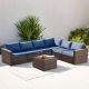 Unbranded Modern 7-Piece Brown Wicker Patio Conversation Set with Blue Cushions and Ottoman for Backyard, Lawn, Outside D2024671352