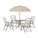 ITOPFOX 6-Piece Beige Metal Outdoor Dining Set with Umbrella, Round Glass Table and Folding Dining Chairs HDSA17-2OT256