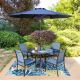 PHI VILLA Black 6-Piece Metal Slat Round Table Patio Outdoor Dining Set with Blue Textilene Chairs and Umbrella THD6-409-154BZ