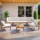 Tozey Hawaii Vibe 7-Piece Acacia Patio Conversation Set Rope Woven Chic Outdoor Sectional Sofa with Table and Cream Cushions V-LCWF2C4A1T-WT