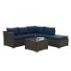 Zeus & Ruta 4-Piece Browm PE Rattan Wicker Outdoor Patio Conversation Sectional with Navy Blue Cushions, Coffee Table and Ottoman XY-889