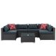 Zeus & Ruta 7-Piece Dark Gray Wicker Outdoor Patio Conversation Sectional with Dark Blue Cushions and Coffee Table XY-896