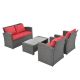 Tenleaf 4-Piece Dark Gray Wicker Patio Conversation Set with Red Cushions, Tempered Glass Coffee Table FCBF13-212