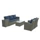 Tenleaf 5-Piece Dark Gray Wicker Patio Conversation Set with Light Blue Cushions, Tempered Glass Table Top FCBF13-214