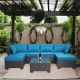 Zeus & Ruta 7-Piece Wicker Outdoor Patio Conversation Seating Set with Lake Blue Cushions and Coffee Table for Patio Garden Backyard XY-914