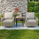 COOS BAY 3-Piece Brown Wicker Outdoor Conversation Set Swivel Rocking Chairs with Gray Cushions and Wood Grain Top Side Table CBM-P3-2AF-BRNBGE