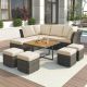 Polibi Gray Frame 10-Piece Wicker Patio Conversation Set with Beige Cushions and Coffee Table, Ottomans MB-GBCS-835