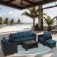 Tenleaf 7-Piece Dark Brown Wicker Patio Conversation Set with Peacock Blue Cushions FCBF13-263