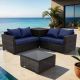 Unbranded 4-Piece Wicker Outdoor Sofa Loveseat Patio Conversation Seating Set with Dark Blue Cushions CX49-Dark blue