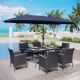 PHI VILLA Black 8-Piece Metal Patio Outdoor Dining Set with Rectangular Table, Blue Umbrella and Rattan Chairs with Blue Cushion THD8-326-018Z