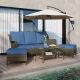Uixe Taupe Brown 6-Piece PE Wicker Outdoor Sofa Patio Conversation and Coffee Table, Ottoman Set with Blue Cushions 3901-LRA2OTT