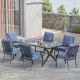Halmuz 7-Piece Metal Patio Outdoor Dining Set with 6 Chairs, Large Table, Umbrella Hole and Navy Blue Cushions 7MS-Dining-Navy