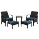 Clihome 5-Piece Patio Dining Set Outdoor Wicker Furniture Set with Coffee Table, Ottoman, Blue Cushions CL5450342000001