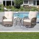 MEOOEM Outdoor 3-Piece Brown Wicker Patio Conversation Set with Beige Cushions, Swivel Rocking Chairs and Glass Top Table Set M52A-BGE