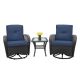 Unbranded 3-Piece Wicker Patio Conversation Set, Outdoor Rocker Swivel Bistro Set with Glass Top Side Table and Navy Blue Cushions er-192