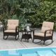 Gymax 3-piece Wicker Outdoor Rocking Set Patio Conversation Set w/Tempered Glass Coffee Table Brown Cushions GYM14221