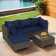fiziti 5-Piece Wicker Outdoor Patio Conversation Seating Sofa Set with Navy Blue Cushions Y52-Dark blue-S