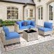 OVIOS Supery Gray 5-Piece Wicker Patio Conversation Seating Set with Diamond Blue Cushions and Coffee Table SSKT505