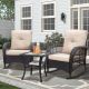 Zeus & Ruta 3-Piece Brown Wicker Patio Conversation Set with Beige Cushions, Rocking Chair with Glass Top Side Table AS-502