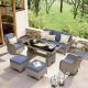 Freestyle 7-Piece Grey Wicker Outdoor Conversation Set with Lift Table, Swivel Rocking Chairs, Blue Cushions HD-LT-WF0678BL