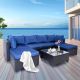 Runesay 5-Piece Wicker Outdoor Sectional Sofa Set Patio Conversation Set with Blue Cushions Adjustable Canopy Backrest DINERS-5