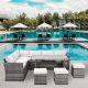 Zeus & Ruta Gray 7-Piece Wicker Outdoor Patio Conversation Set with Beige Removable Cushions, Dining Table and Ottomans YJ-306