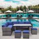 Zeus & Ruta Gray 7-Piece Wicker Outdoor Patio Conversation Set with Navy Blue Removable Cushions, Dining Table and Ottomans YJ-307
