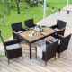 Unbranded 7-Piece Wicker Patio Conversation Sets with White Cushion Dining Table and Chairs Set, Acacia Wood Tabletop Patio Table-015