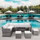 Tenleaf 7-Piece Gray Wicker Outdoor Patio Conversation Set with Beige Cushions and Dining Table Happy-290