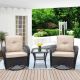 Tenleaf 3-Piece Brown Wicker Patio Conversation Set with Khaki Brown Cushions, Glass Top Side Table FCBF13-607