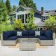 Runesay Outdoor Grey 7-Piece Wicker Patio Conversation Set with Dark Blue Cushions and Pillows OTDPPP10