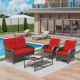MeetLeisure 4 Pieces Conversation Patio Set, All-Weather Wicker Patio Furniture Set with Red Cushions Y-M08M79M78-RED