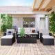 Unbranded 6-piece All-Weather Black Wicker Patio Conversation Sofa Set with Coffee Table, Ottomans and Beige Cushions OUT-D-205