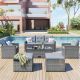 Unbranded 6-piece All-Weather Dark grey Wicker Patio Conversation Sofa Set with Coffee Table, Ottomans and Light Grey Cushions OUT-D-206