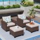 PHI VILLA Brown Rattan Wicker 4 Seat 4-Piece Steel Outdoor Patio Conversation Set with Beige Cushions,2 Swivel Chairs,2 Ottomans DC4BEPV-0712066