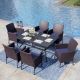 PHI VILLA 7-Piece Black Metal Patio Outdoor Dining Set with Slat Rectangular Table and Rattan Chairs with Blue Cushion THD7-0604N-097