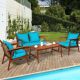 ANGELES HOME 4-Piece Acacia Wood Patio Conversation Set with Zippered Turquoise Cushions and Rattan Seat Back SA68-9HW969TU+