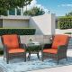 Gardenbee 3-Piece Wicker Patio Outdoor Lounge Chair Set with Orange Cushions and Side Table M08M73-ORG-HG