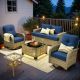 OVIOS Tiberte Gray 6-Piece Wicker Patio Conversation Seating Set with Navy Blue Cushions and Swivel Chairs TBSVNC706R