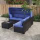 Zeus & Ruta 6-Pieces Wicker Patio Conversation Set Outdoor Daybed with Retractable Canopy Adjustable Backrest Blue Cushions HWD-090